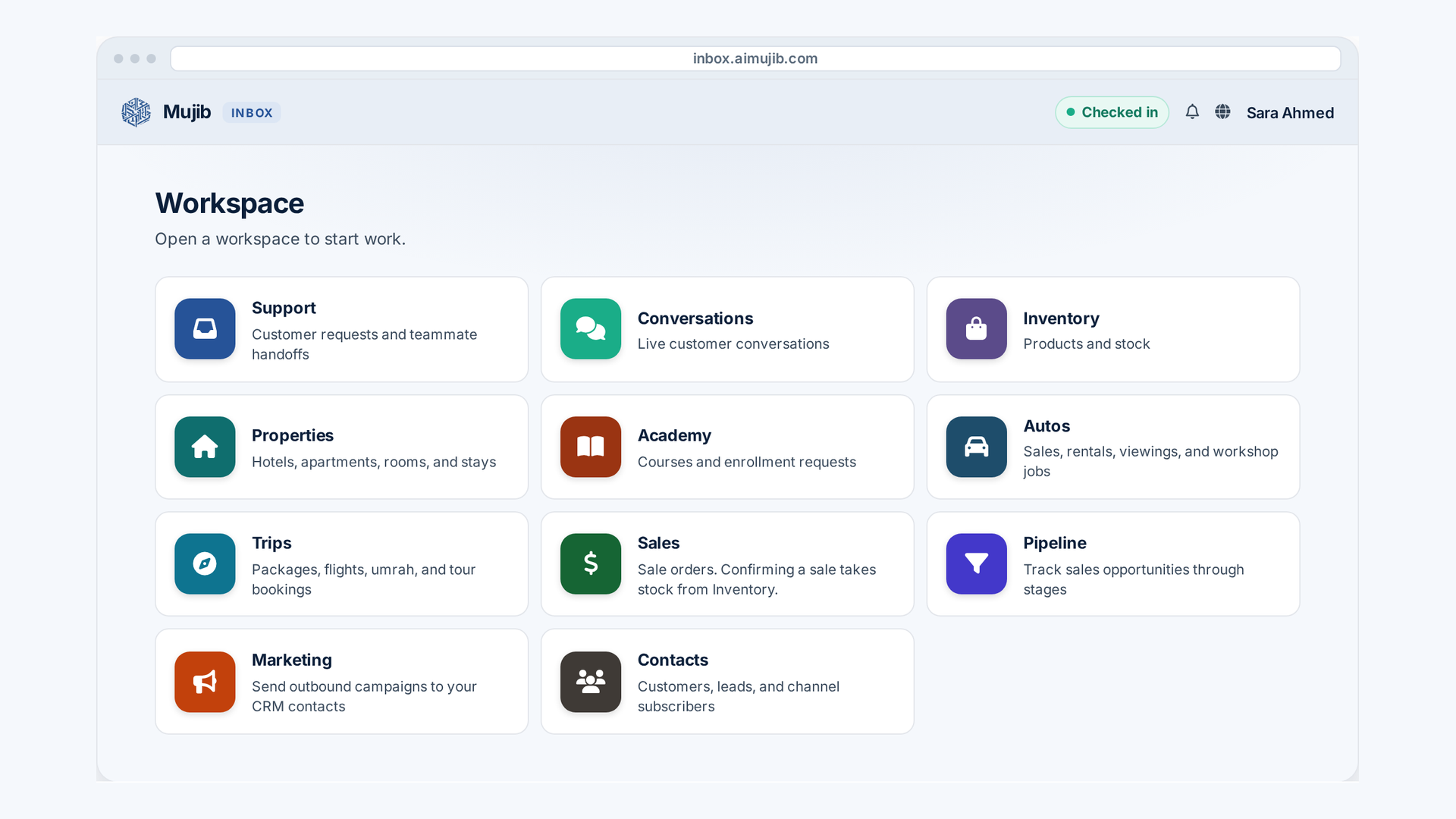 Mujib Inbox workspace with Support, Conversations, Inventory, Real Estate, Academy, Autos, Trips, Sales, Pipeline, Marketing, and Contacts
